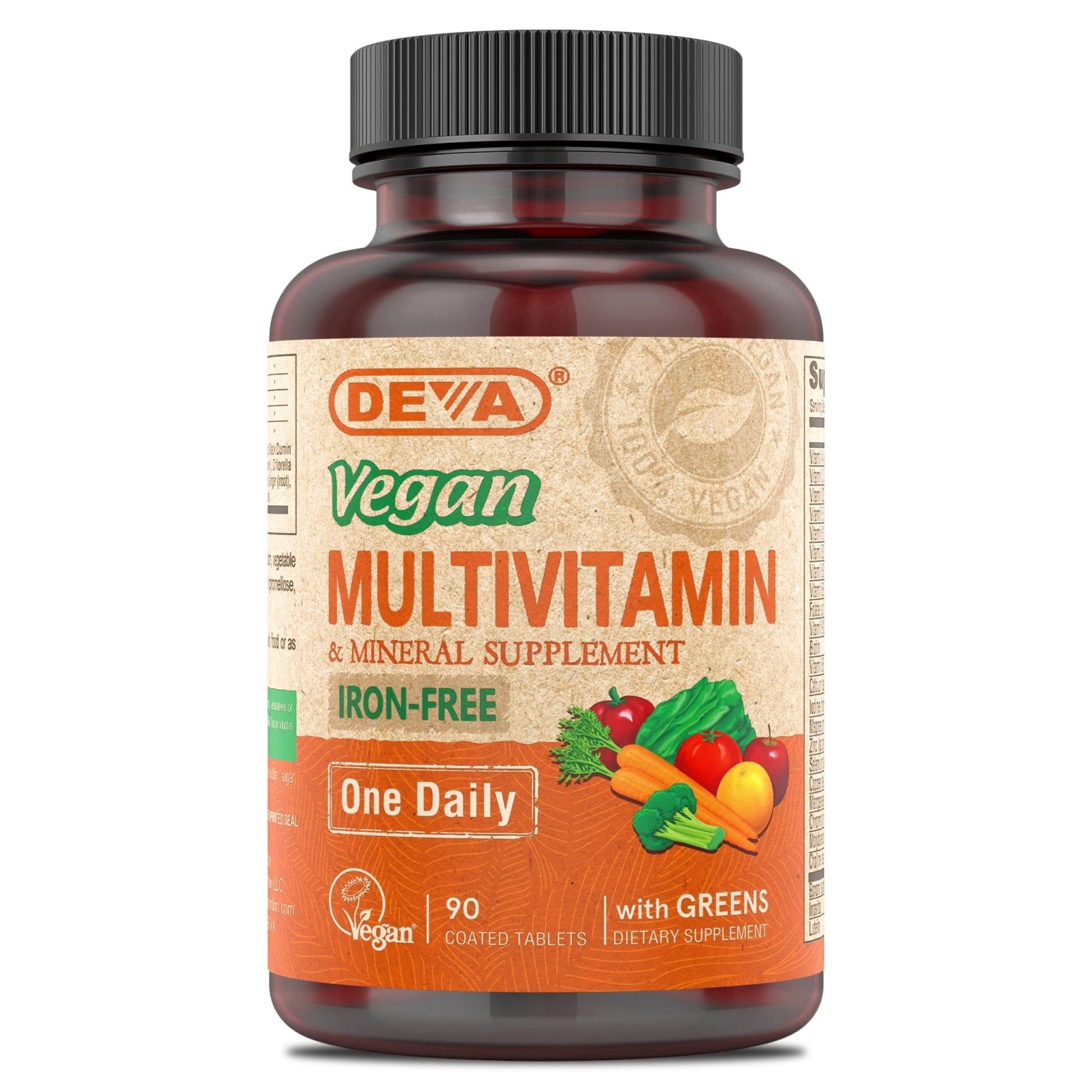 DEVA Vegan Iron-Free Multivitamin & Mineral Supplement, Green Food Blend, Spirulina, Chlorella, Ashwagandha, Broccoli, 90 Coated Tablets - dailyvitalstore