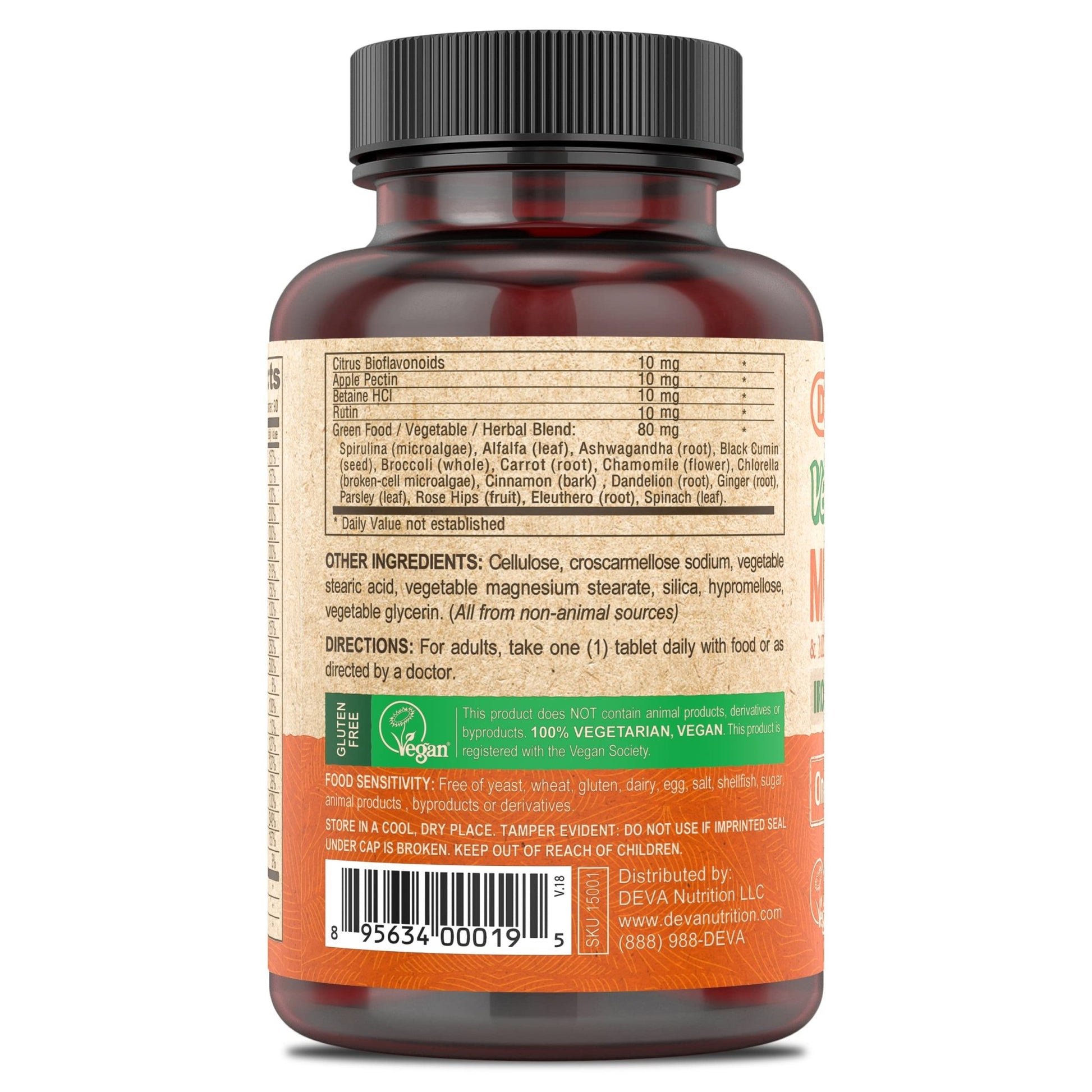 DEVA Vegan Iron-Free Multivitamin & Mineral Supplement, Green Food Blend, Spirulina, Chlorella, Ashwagandha, Broccoli, 90 Coated Tablets - dailyvitalstore