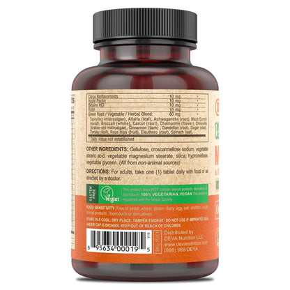 DEVA Vegan Iron-Free Multivitamin & Mineral Supplement, Green Food Blend, Spirulina, Chlorella, Ashwagandha, Broccoli, 90 Coated Tablets - dailyvitalstore