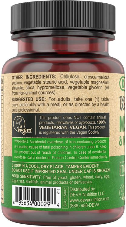 DEVA Vegan Multivitamin for Women & Men with Iron, Vitamin C, E, B Complex Vitamins, Zinc, 90 Tiny Tablets - dailyvitalstore