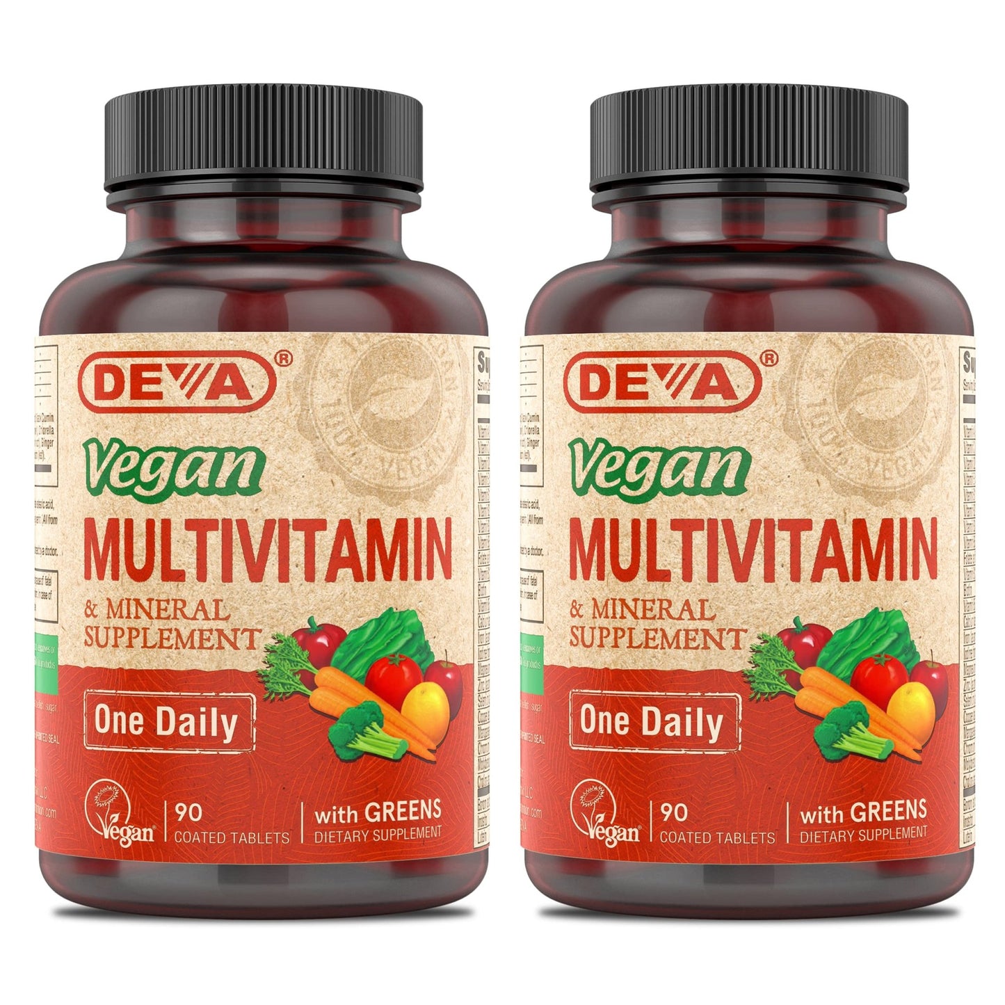 DEVA Vegan Multivitamin & Mineral Supplement with Iron 2-Pack, Spirulina, Chlorella, Ashwagandha, Broccoli & More, 90 Coated Tablets Each - dailyvitalstore