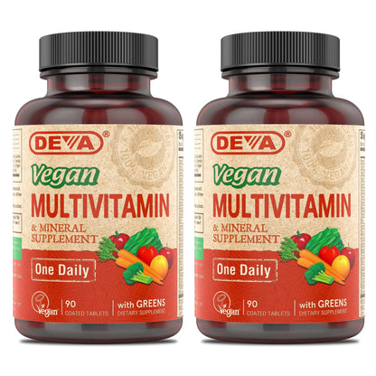 DEVA Vegan Multivitamin & Mineral Supplement with Iron 2-Pack, Spirulina, Chlorella, Ashwagandha, Broccoli & More, 90 Coated Tablets Each - dailyvitalstore