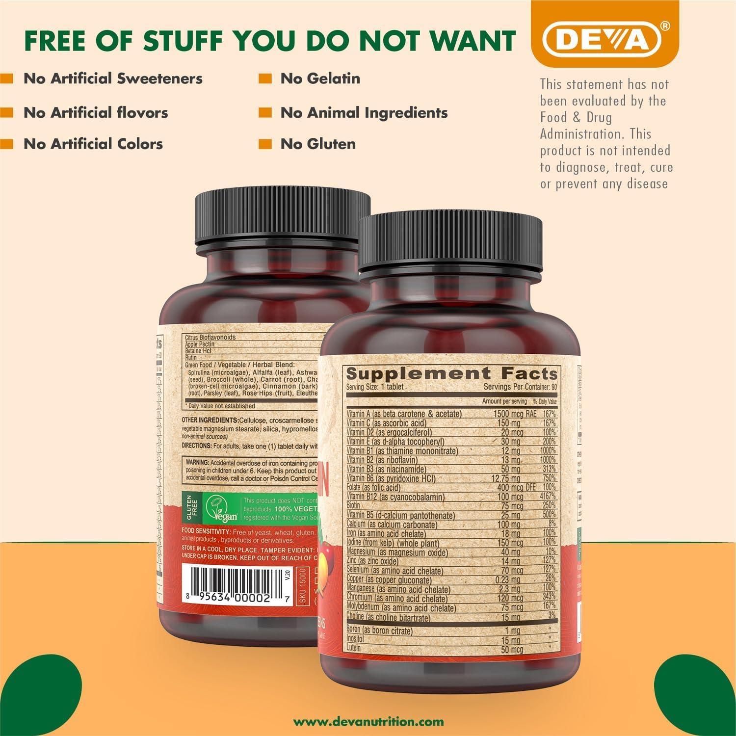 DEVA Vegan Multivitamin & Mineral Supplement with Iron 2-Pack, Spirulina, Chlorella, Ashwagandha, Broccoli & More, 90 Coated Tablets Each - dailyvitalstore