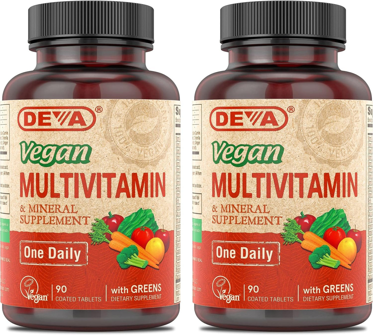 DEVA Vegan Multivitamin & Mineral Supplement with Iron 2-Pack, Spirulina, Chlorella, Ashwagandha, Broccoli & More, 90 Coated Tablets Each - dailyvitalstore