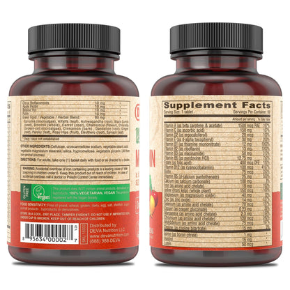 DEVA Vegan Multivitamin & Mineral Supplement with Iron 2-Pack, Spirulina, Chlorella, Ashwagandha, Broccoli & More, 90 Coated Tablets Each - dailyvitalstore