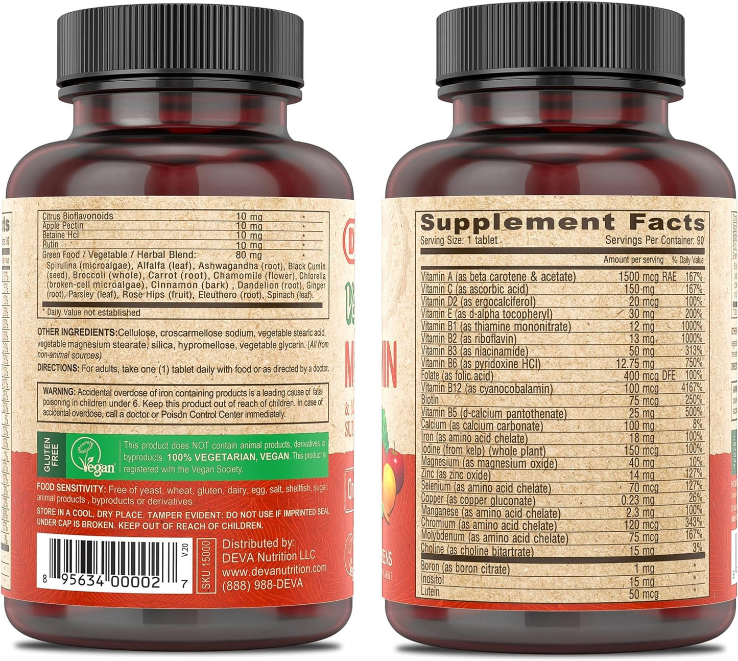 DEVA Vegan Multivitamin & Mineral Supplement with Iron 2-Pack, Spirulina, Chlorella, Ashwagandha, Broccoli & More, 90 Coated Tablets Each - dailyvitalstore