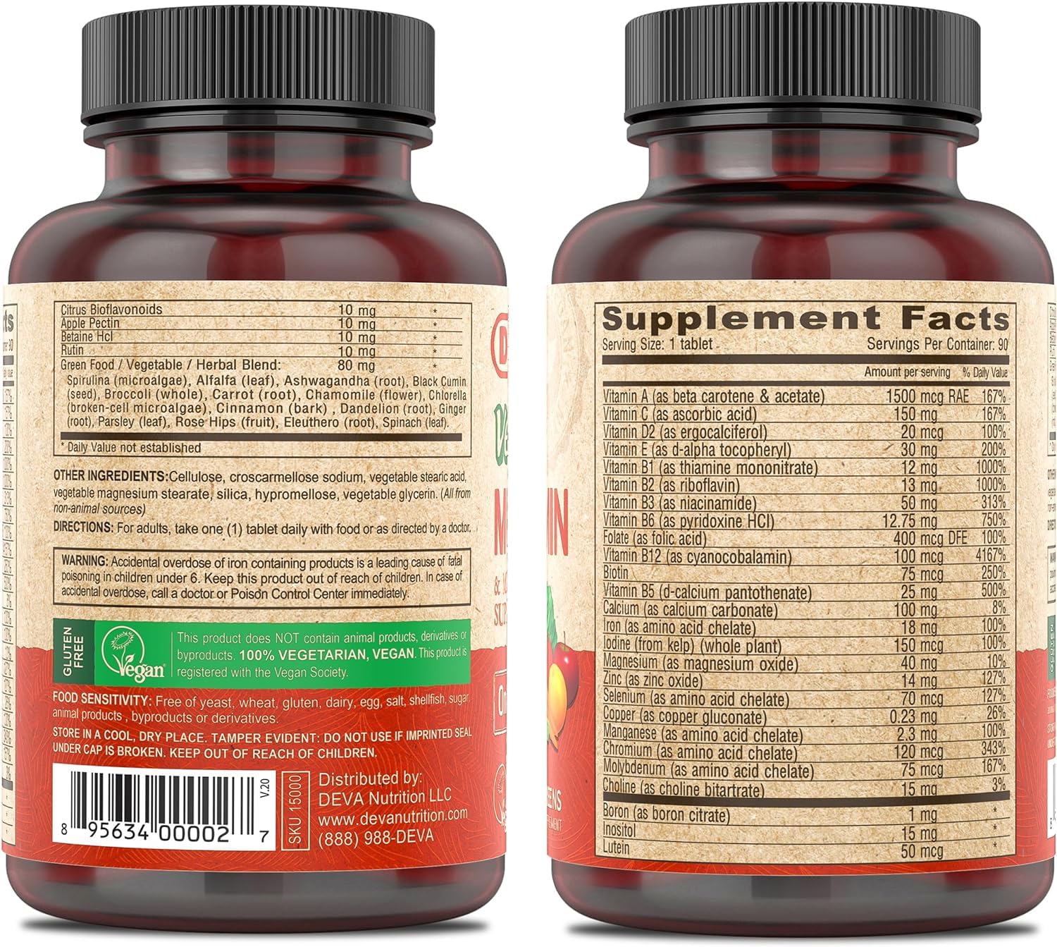 DEVA Vegan Multivitamin & Mineral Supplement with Iron 2-Pack, Spirulina, Chlorella, Ashwagandha, Broccoli & More, 90 Coated Tablets Each - dailyvitalstore