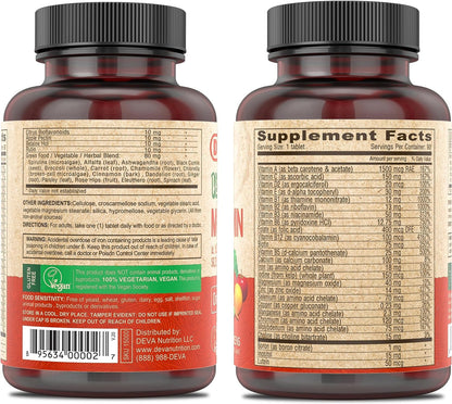 DEVA Vegan Multivitamin & Mineral Supplement with Iron 2-Pack, Spirulina, Chlorella, Ashwagandha, Broccoli & More, 90 Coated Tablets Each - dailyvitalstore
