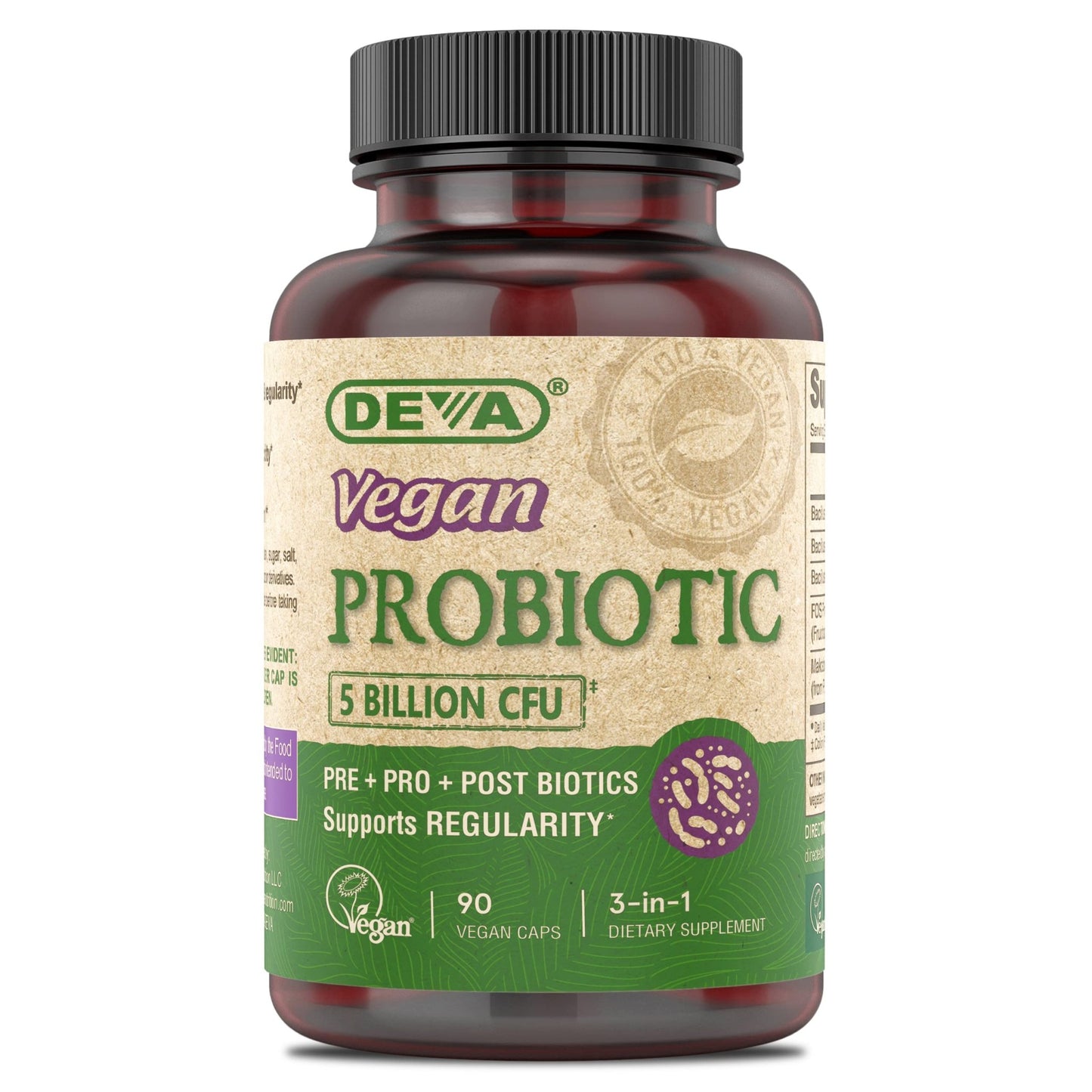 DEVA Vegan Probiotic Supplement - Pre, Pro, and Postbiotics for Digestive Health, 5 Billion CFU, Soil-Based, Spore-Forming, Dairy Free, FOS Prebiotics - dailyvitalstore