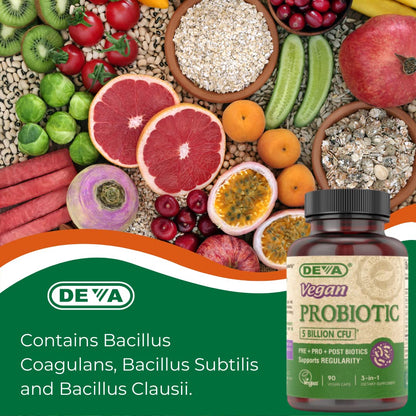 DEVA Vegan Probiotic Supplement - Pre, Pro, and Postbiotics for Digestive Health, 5 Billion CFU, Soil-Based, Spore-Forming, Dairy Free, FOS Prebiotics - dailyvitalstore