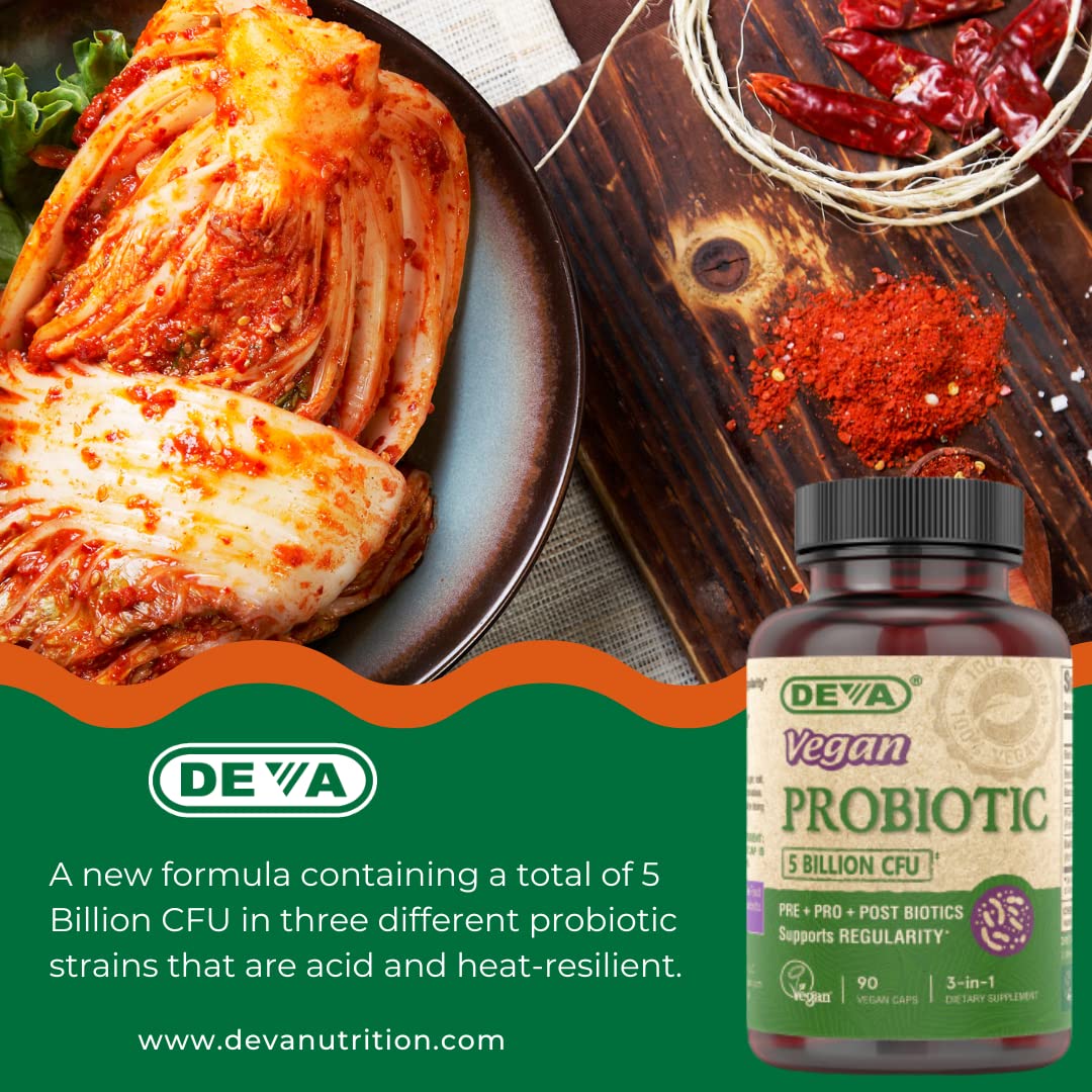 DEVA Vegan Probiotic Supplement - Pre, Pro, and Postbiotics for Digestive Health, 5 Billion CFU, Soil-Based, Spore-Forming, Dairy Free, FOS Prebiotics - dailyvitalstore