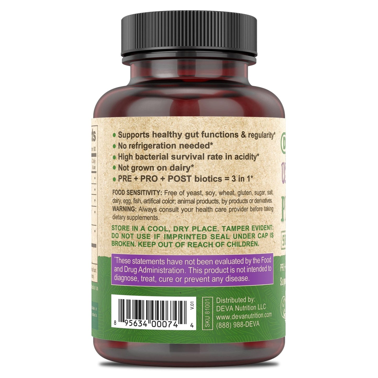 DEVA Vegan Probiotic Supplement - Pre, Pro, and Postbiotics for Digestive Health, 5 Billion CFU, Soil-Based, Spore-Forming, Dairy Free, FOS Prebiotics - dailyvitalstore