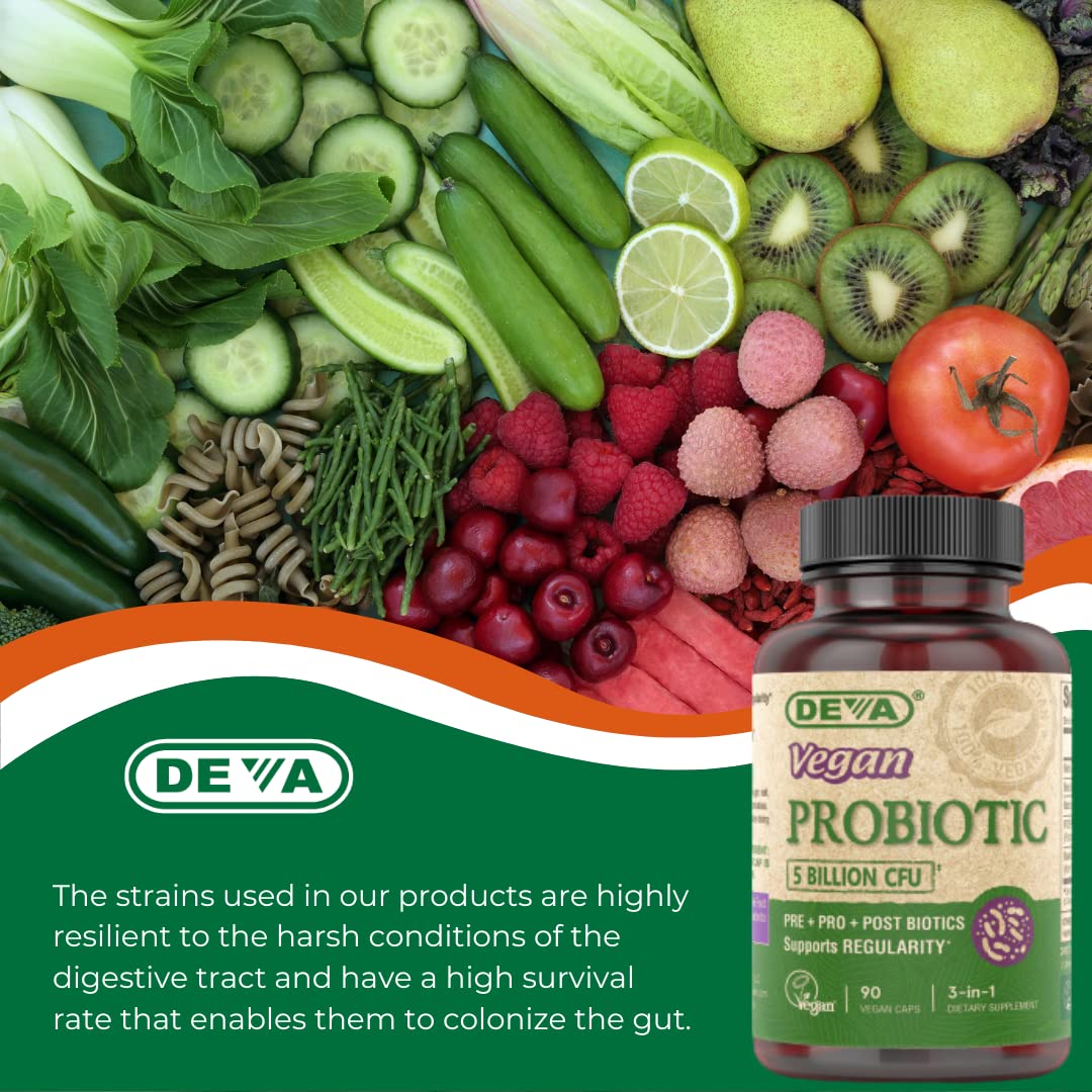 DEVA Vegan Probiotic Supplement - Pre, Pro, and Postbiotics for Digestive Health, 5 Billion CFU, Soil-Based, Spore-Forming, Dairy Free, FOS Prebiotics - dailyvitalstore
