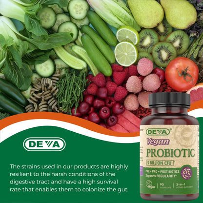 DEVA Vegan Probiotic Supplement - Pre, Pro, and Postbiotics for Digestive Health, 5 Billion CFU, Soil-Based, Spore-Forming, Dairy Free, FOS Prebiotics - dailyvitalstore