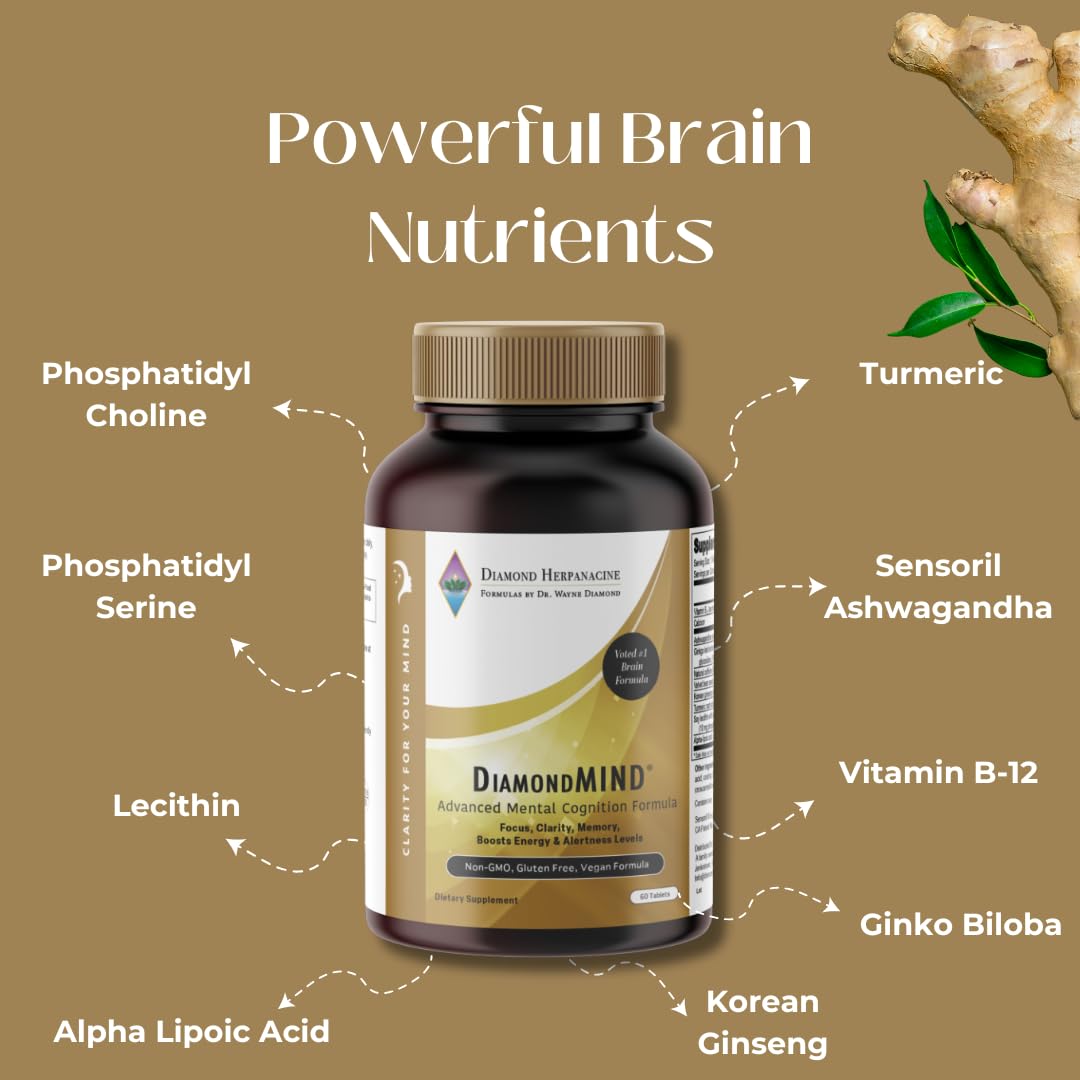 DiamondMIND Brain Support Supplement - Natural Formula for Mental Energy & Cognitive Function - Focus, Clarity, and Memory Supplement - Less Mental Stress - Vegan, Gluten-Free, Dairy-Free - (60 Count) - dailyvitalstore