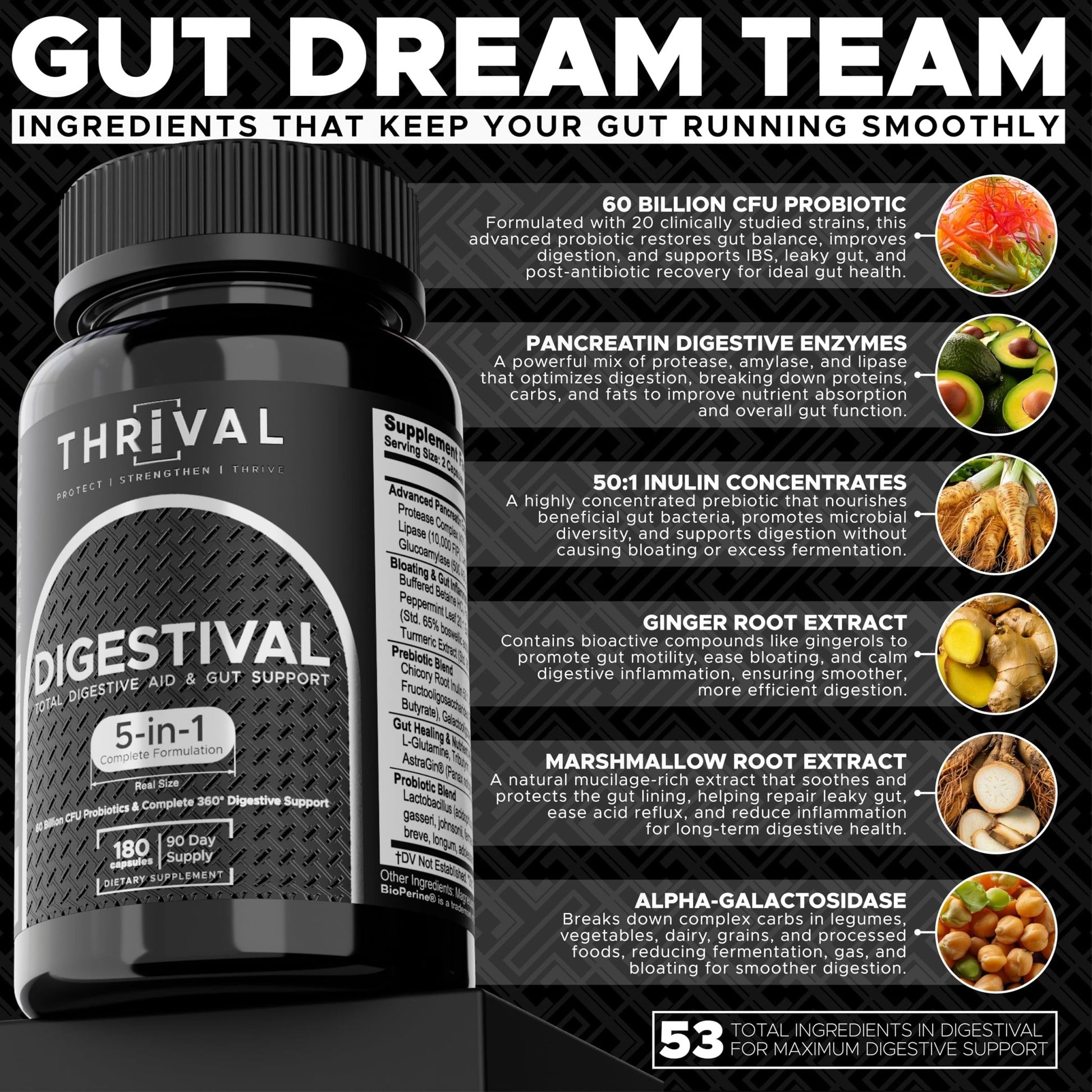DIGESTIVAL 5-in-1 Gut Health Formula: Probiotics, Prebiotics, Enzymes, Gut Healing & Bloat Relief with 53 Ingredients, 60 Billion CFU, and Advanced Support for IBS, - dailyvitalstore