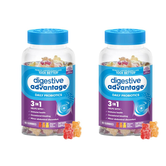 Digestive Advantage Probiotic Gummies For Digestive Health, Natural Fruit Flavors Vitamin D, Daily Probiotics For Women &Men Occasional Bloating, Minor Abdominal Discomfort & Gut Health, 80ct (2 Pack) - dailyvitalstore