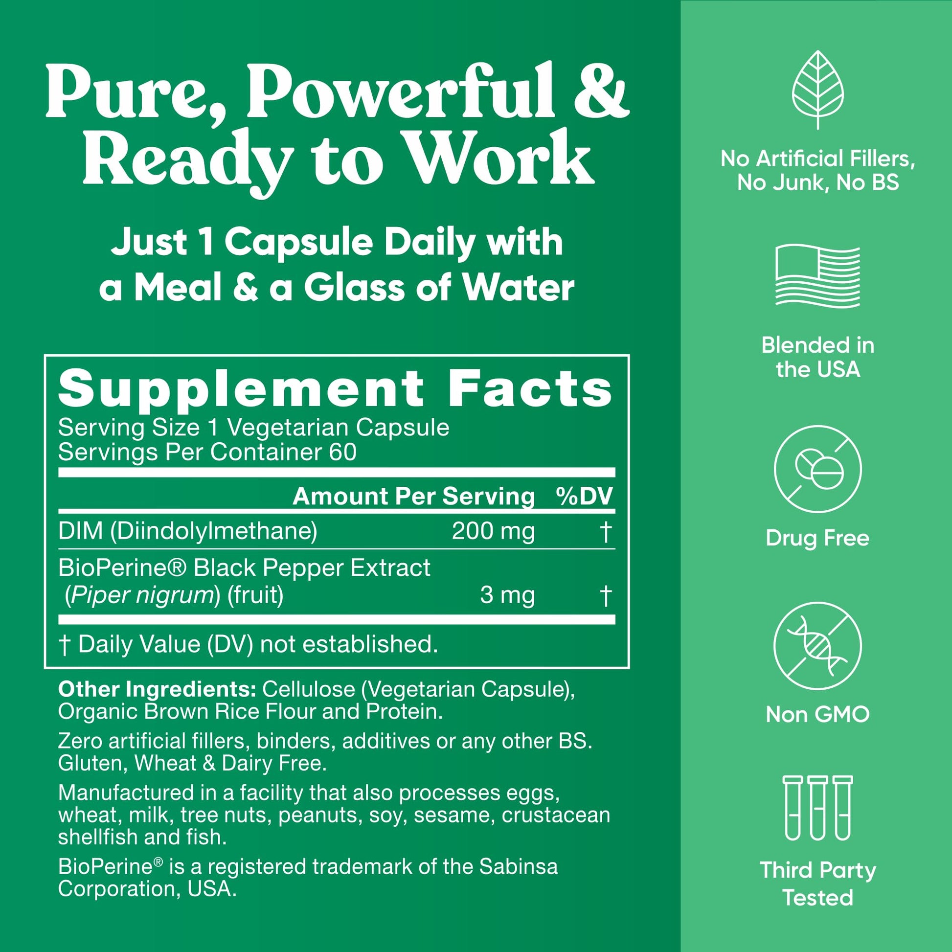 DIM Supplement Pure 200 Mg for Women or Men - Estrogen Hormone Balance Supplement for Energy, Fatigue, Stress, Menopause, Hot Flashes - Enhanced Bioavailability BioPerine - 60 Vegan Soft Capsules - dailyvitalstore