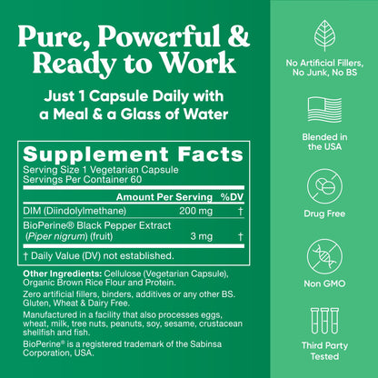 DIM Supplement Pure 200 Mg for Women or Men - Estrogen Hormone Balance Supplement for Energy, Fatigue, Stress, Menopause, Hot Flashes - Enhanced Bioavailability BioPerine - 60 Vegan Soft Capsules - dailyvitalstore