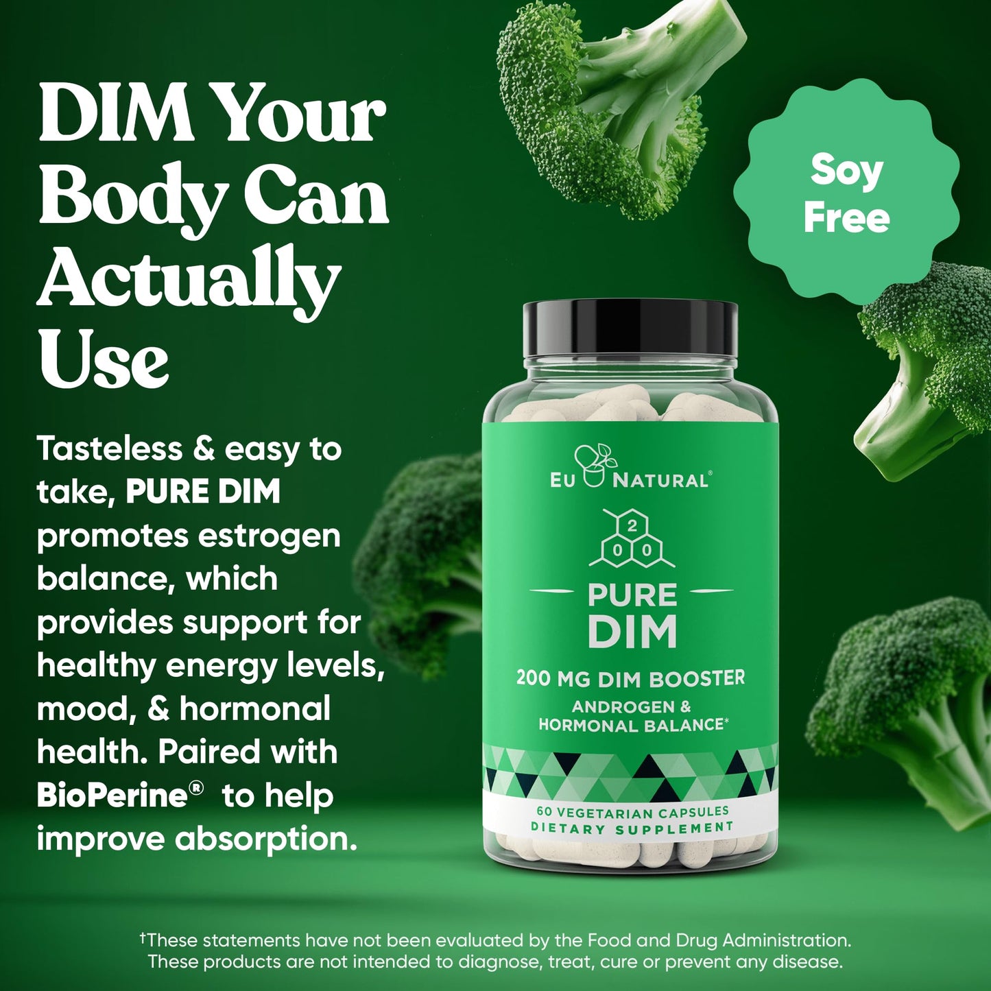 DIM Supplement Pure 200 Mg for Women or Men - Estrogen Hormone Balance Supplement for Energy, Fatigue, Stress, Menopause, Hot Flashes - Enhanced Bioavailability BioPerine - 60 Vegan Soft Capsules - dailyvitalstore