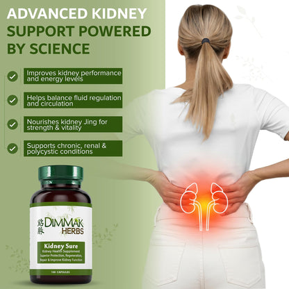 Dimmak Herbs Kidney Sure- Kidney Cleanse & Revitilization Tonic- Organic Herbal Support for Renal Health, Urinary Tract Flow & Vitality- TCM Doctor Formulated, Vegan- 400mg 100 Capsules - dailyvitalstore
