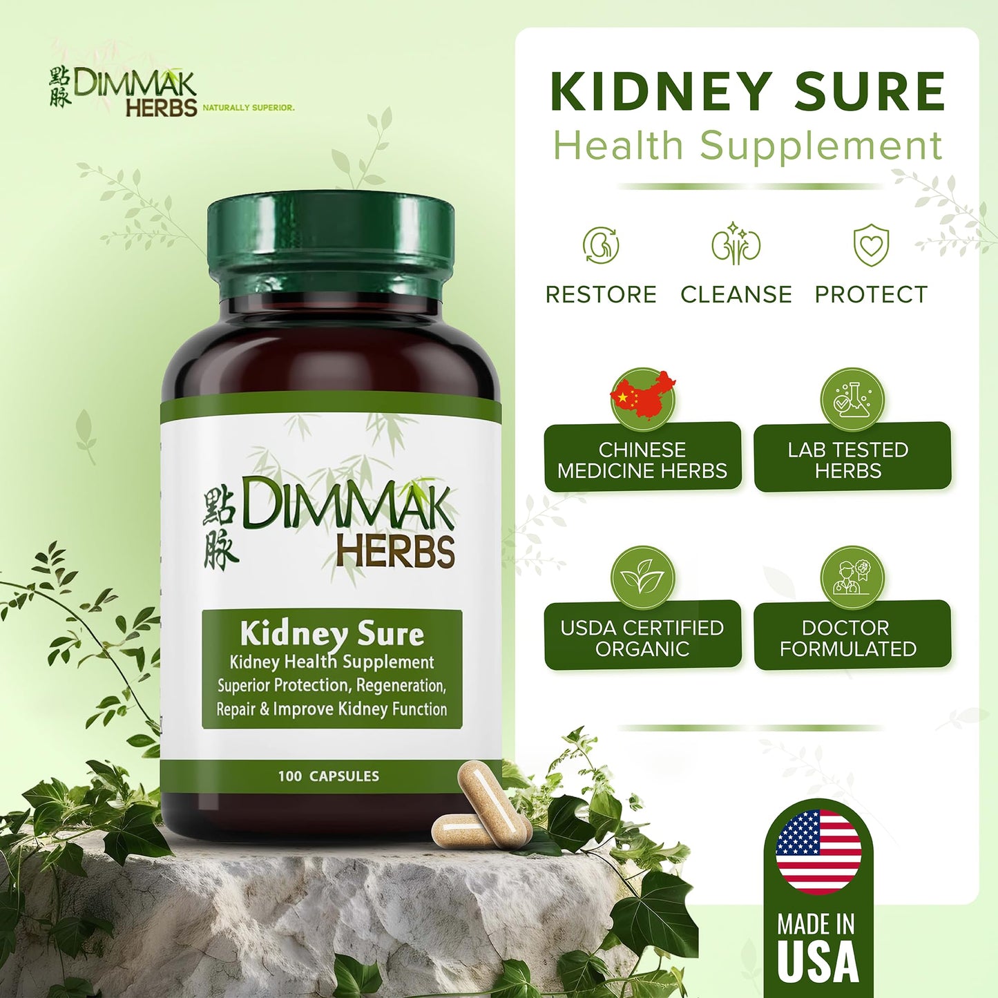 Dimmak Herbs Kidney Sure- Kidney Cleanse & Revitilization Tonic- Organic Herbal Support for Renal Health, Urinary Tract Flow & Vitality- TCM Doctor Formulated, Vegan- 400mg 100 Capsules - dailyvitalstore