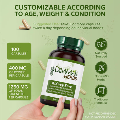 Dimmak Herbs Kidney Sure- Kidney Cleanse & Revitilization Tonic- Organic Herbal Support for Renal Health, Urinary Tract Flow & Vitality- TCM Doctor Formulated, Vegan- 400mg 100 Capsules - dailyvitalstore