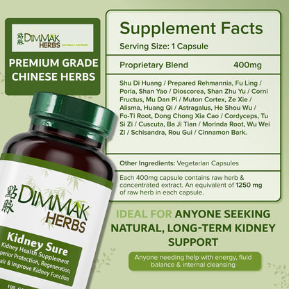 Dimmak Herbs Kidney Sure- Kidney Cleanse & Revitilization Tonic- Organic Herbal Support for Renal Health, Urinary Tract Flow & Vitality- TCM Doctor Formulated, Vegan- 400mg 100 Capsules - dailyvitalstore