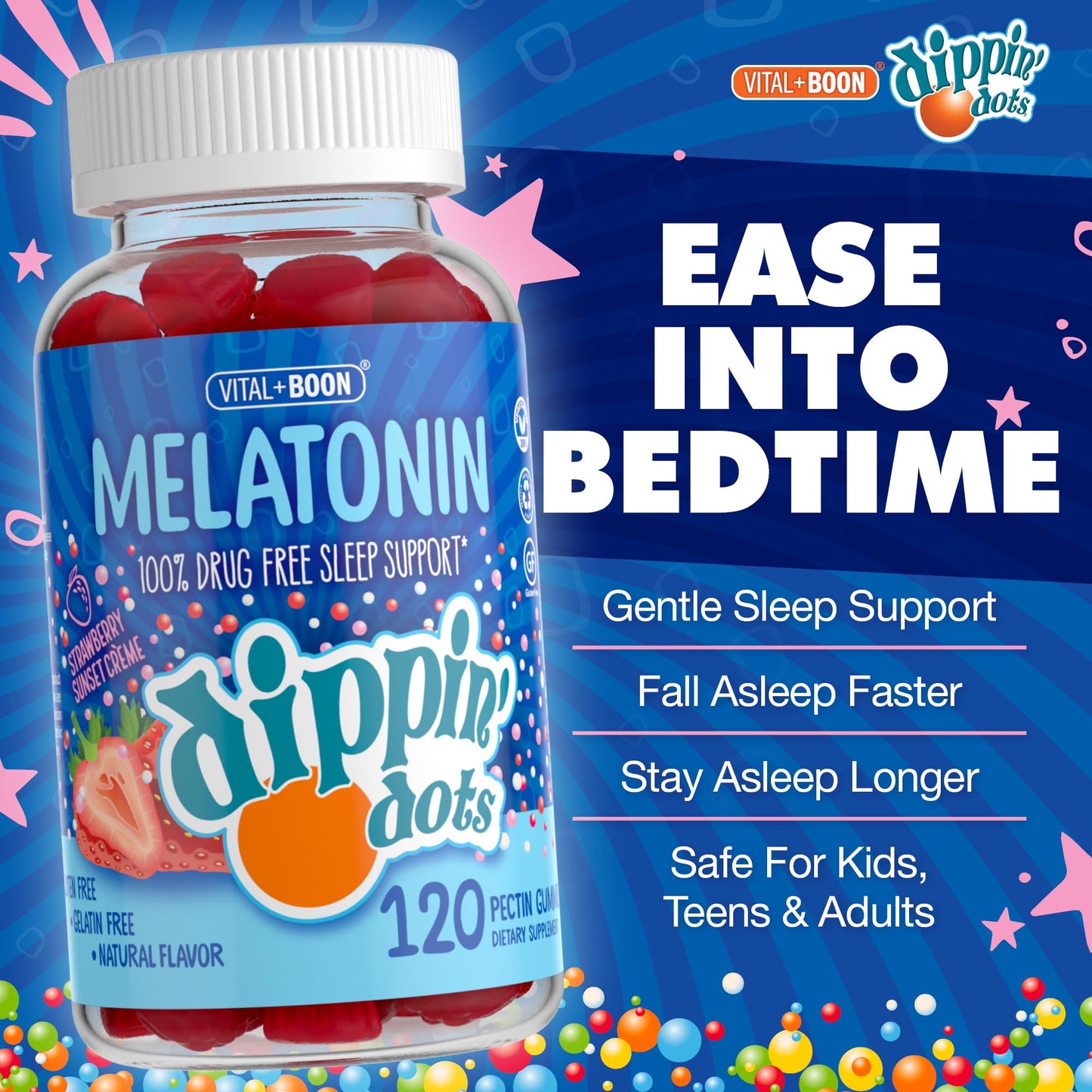 Dippin Dots - Melatonin Gummies for Kids & Adults (60 Days Supply) Strawberry Sunset Creme Flavor | 2.5mg Per Kids Melatonin Supplement for Faster, - dailyvitalstore