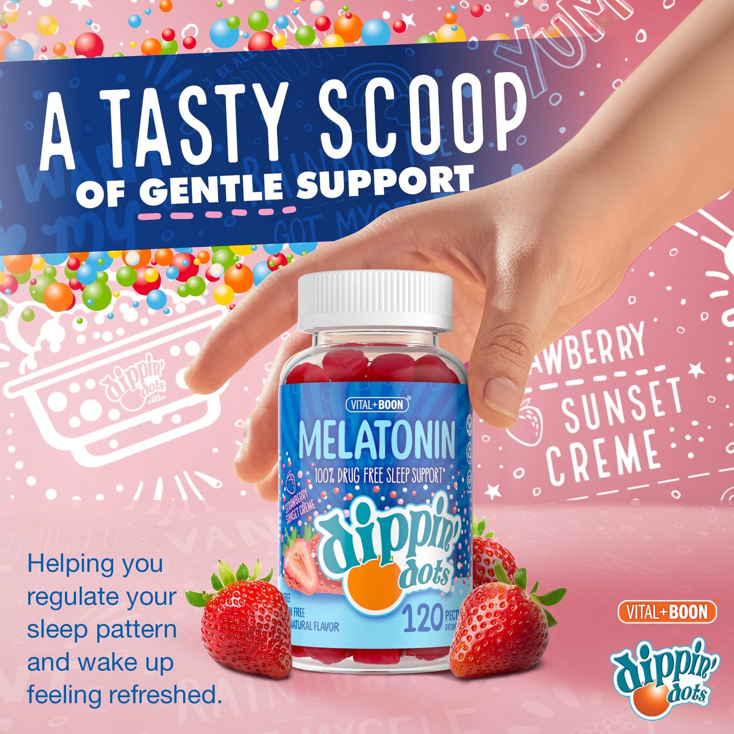 Dippin Dots - Melatonin Gummies for Kids & Adults (60 Days Supply) Strawberry Sunset Creme Flavor | 2.5mg Per Kids Melatonin Supplement for Faster, - dailyvitalstore