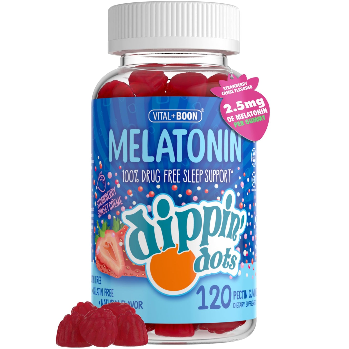 Dippin Dots - Melatonin Gummies for Kids & Adults (60 Days Supply) Strawberry Sunset Creme Flavor | 2.5mg Per Kids Melatonin Supplement for Faster, - dailyvitalstore