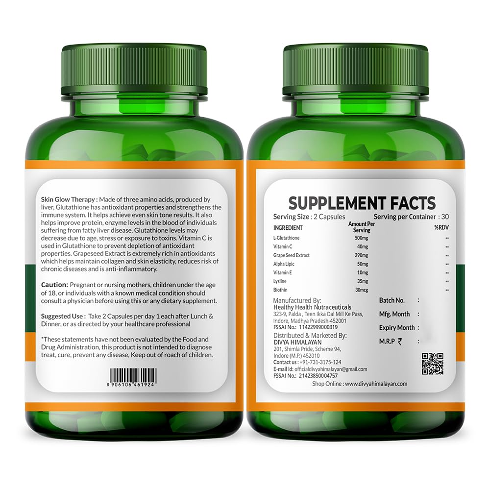 Divyhimalayan L-Glutathione 1000mg - 98% Pure Reduced Form with Vitamin C & ALA for Radiant Skin, Antioxidant & Immune Support - 60 Capsules - dailyvitalstore