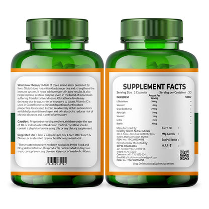 Divyhimalayan L-Glutathione 1000mg - 98% Pure Reduced Form with Vitamin C & ALA for Radiant Skin, Antioxidant & Immune Support - 60 Capsules - dailyvitalstore