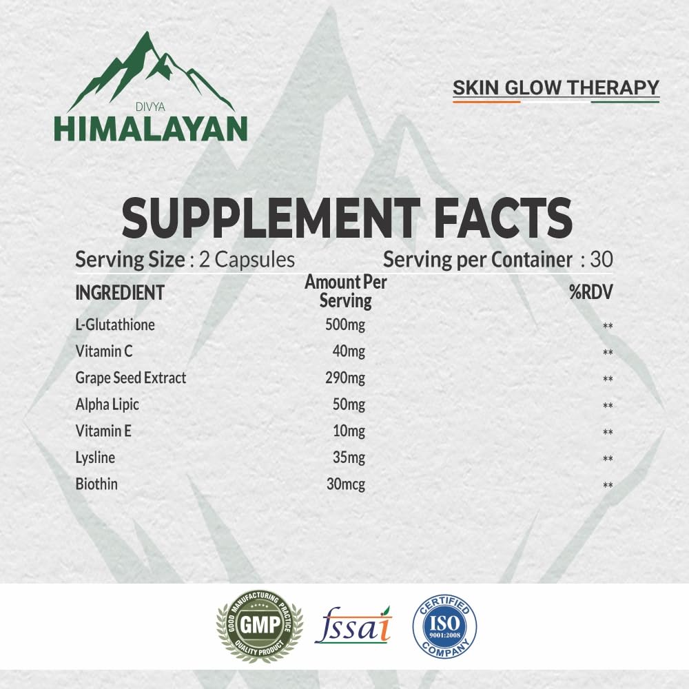 Divyhimalayan L-Glutathione 1000mg - 98% Pure Reduced Form with Vitamin C & ALA for Radiant Skin, Antioxidant & Immune Support - 60 Capsules - dailyvitalstore