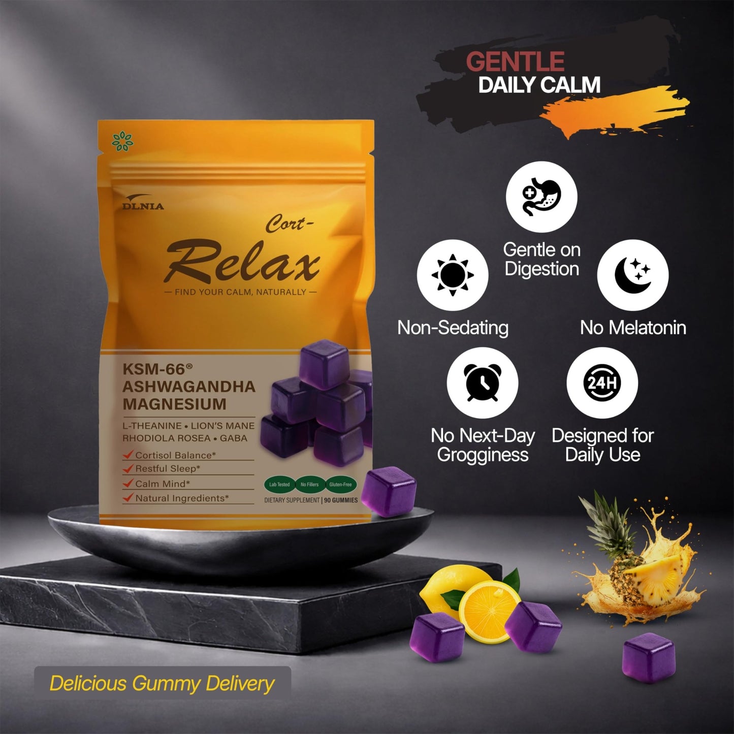 DLNIA Magnesium Glycinate Stress & Cortisol Support Gummies | Calm Focus by Day, Deep Sleep by Night | 17-in-1 with KSM-66® Ashwagandha, L-Theanine & Lion’s Mane - dailyvitalstore