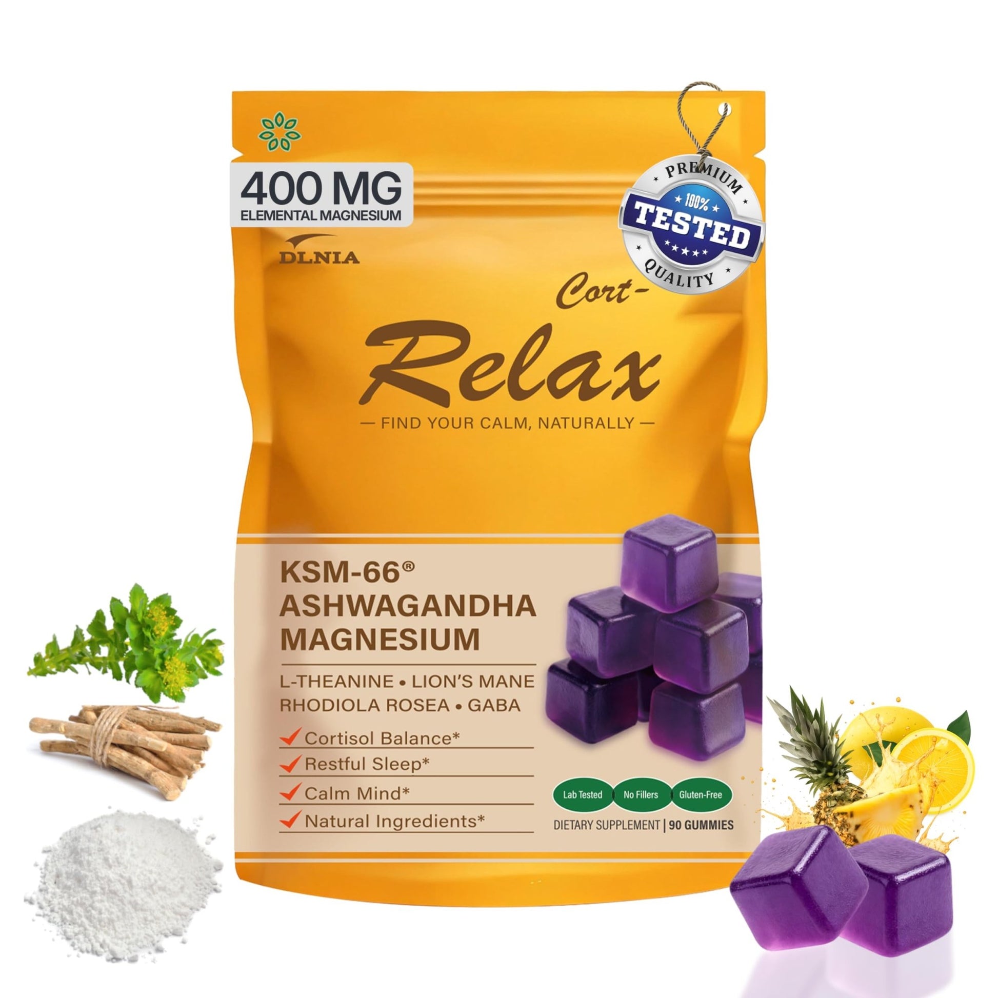 DLNIA Magnesium Glycinate Stress & Cortisol Support Gummies | Calm Focus by Day, Deep Sleep by Night | 17-in-1 with KSM-66® Ashwagandha, L-Theanine & Lion’s Mane - dailyvitalstore
