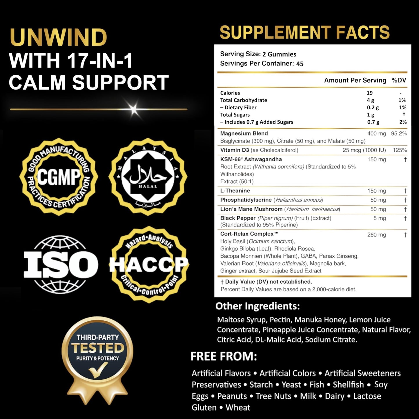 DLNIA Magnesium Glycinate Stress & Cortisol Support Gummies | Calm Focus by Day, Deep Sleep by Night | 17-in-1 with KSM-66® Ashwagandha, L-Theanine & Lion’s Mane - dailyvitalstore