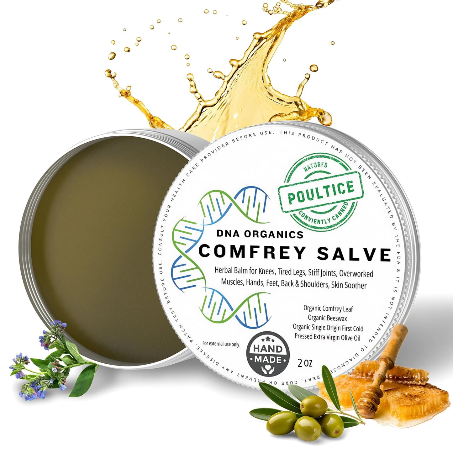 DNA Organics Comfrey Salve Ointment 2oz – Organic Herbal Salve for Bones, Muscles, Joints, Knees, Skin & Tattoo Care. Herbal Balm for Soothing Relief. Handcrafted, Slow-Infused, No Chemical Fillers - dailyvitalstore