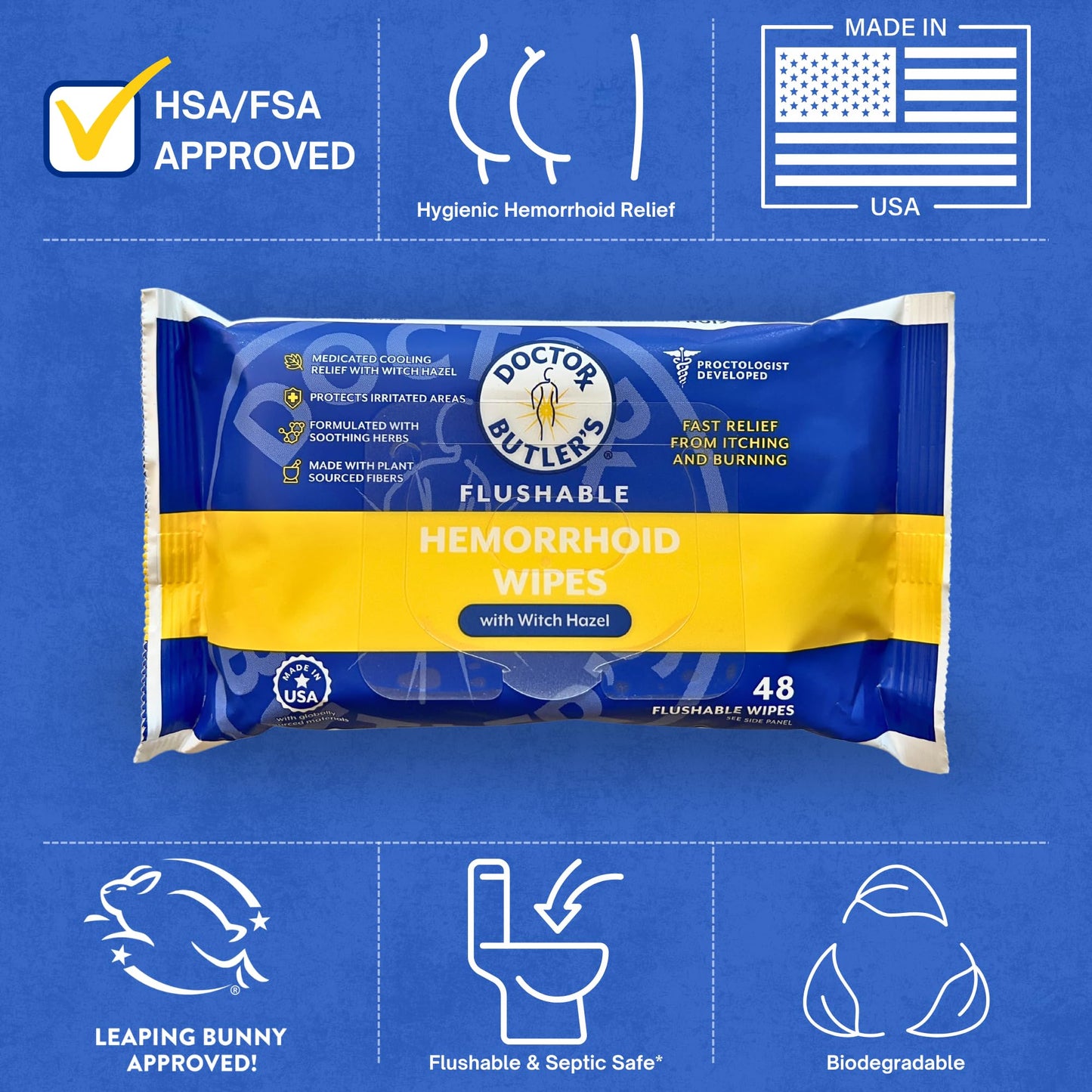 Doctor Butler's Flushable Hemorrhoid Wipes – Flushable Wipes with Witch Hazel to Soothe and Bring Relief from Discomfort Associated with Hemorrhoids (48 Wipes) - dailyvitalstore
