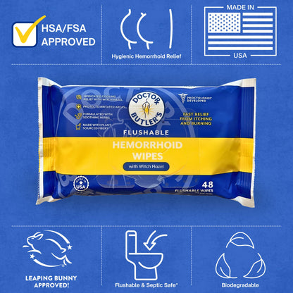 Doctor Butler's Flushable Hemorrhoid Wipes – Flushable Wipes with Witch Hazel to Soothe and Bring Relief from Discomfort Associated with Hemorrhoids (48 Wipes) - dailyvitalstore