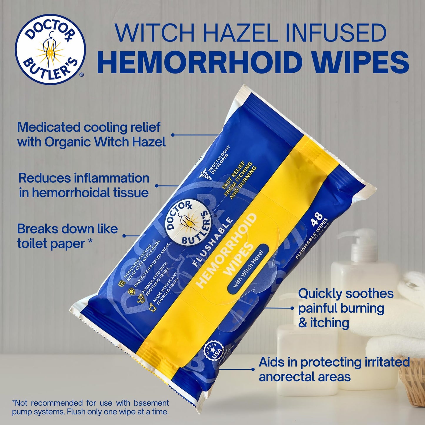 Doctor Butler's Flushable Hemorrhoid Wipes – Flushable Wipes with Witch Hazel to Soothe and Bring Relief from Discomfort Associated with Hemorrhoids (48 Wipes) - dailyvitalstore