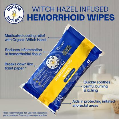 Doctor Butler's Flushable Hemorrhoid Wipes – Flushable Wipes with Witch Hazel to Soothe and Bring Relief from Discomfort Associated with Hemorrhoids (48 Wipes) - dailyvitalstore