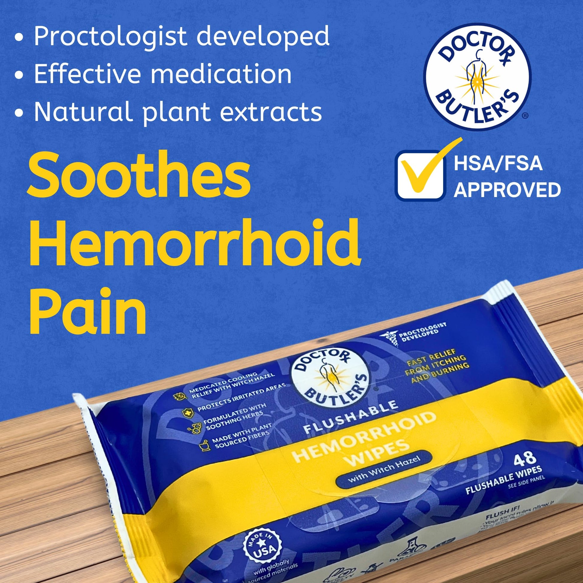 Doctor Butler's Flushable Hemorrhoid Wipes – Flushable Wipes with Witch Hazel to Soothe and Bring Relief from Discomfort Associated with Hemorrhoids (48 Wipes) - dailyvitalstore