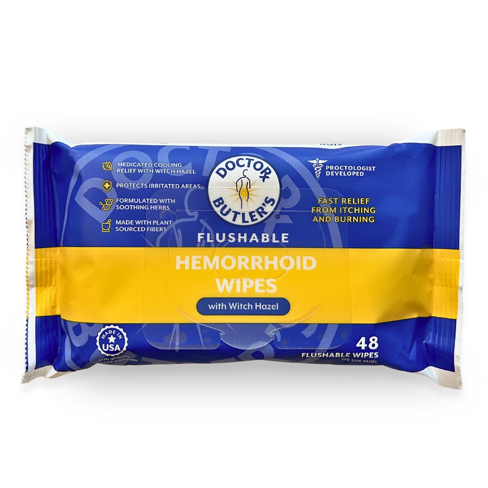 Doctor Butler's Flushable Hemorrhoid Wipes – Flushable Wipes with Witch Hazel to Soothe and Bring Relief from Discomfort Associated with Hemorrhoids (48 Wipes) - dailyvitalstore