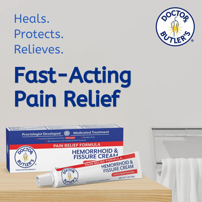 Doctor Butler's Hemorrhoid & Fissure Cream – Instant Pain Relief Hemorrhoid Treatment with Lidocaine, Fast Acting Hemorrhoid Cream for Relief from External Itching and Burning (1 oz.) - dailyvitalstore