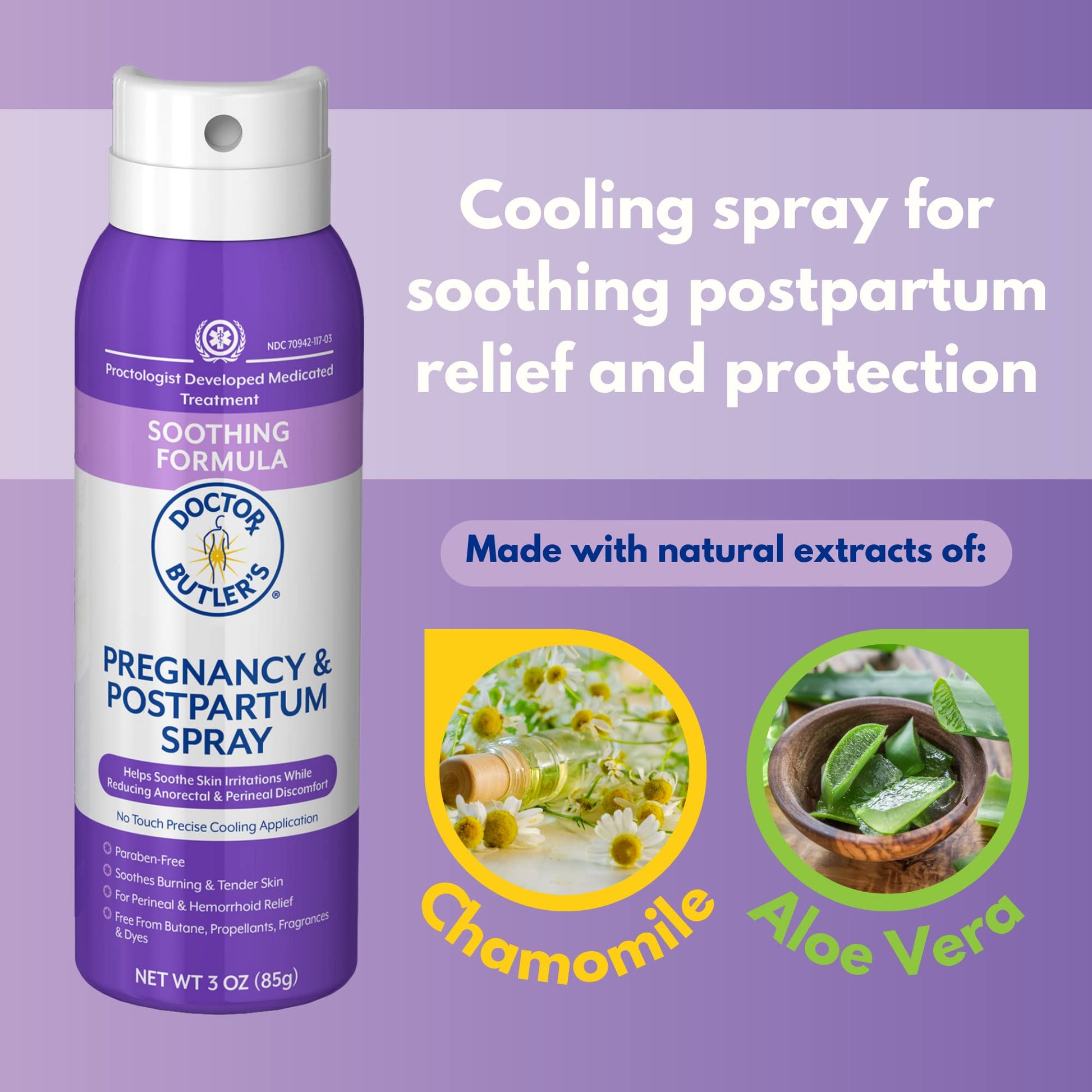 Doctor Butler's Pregnancy & Postpartum Spray - Perineal Spray and Hemorrhoid Treatment with Aloe and Chamomile, Pregnancy Support and Postpartum Essentials, Paraben Free (3oz) - dailyvitalstore