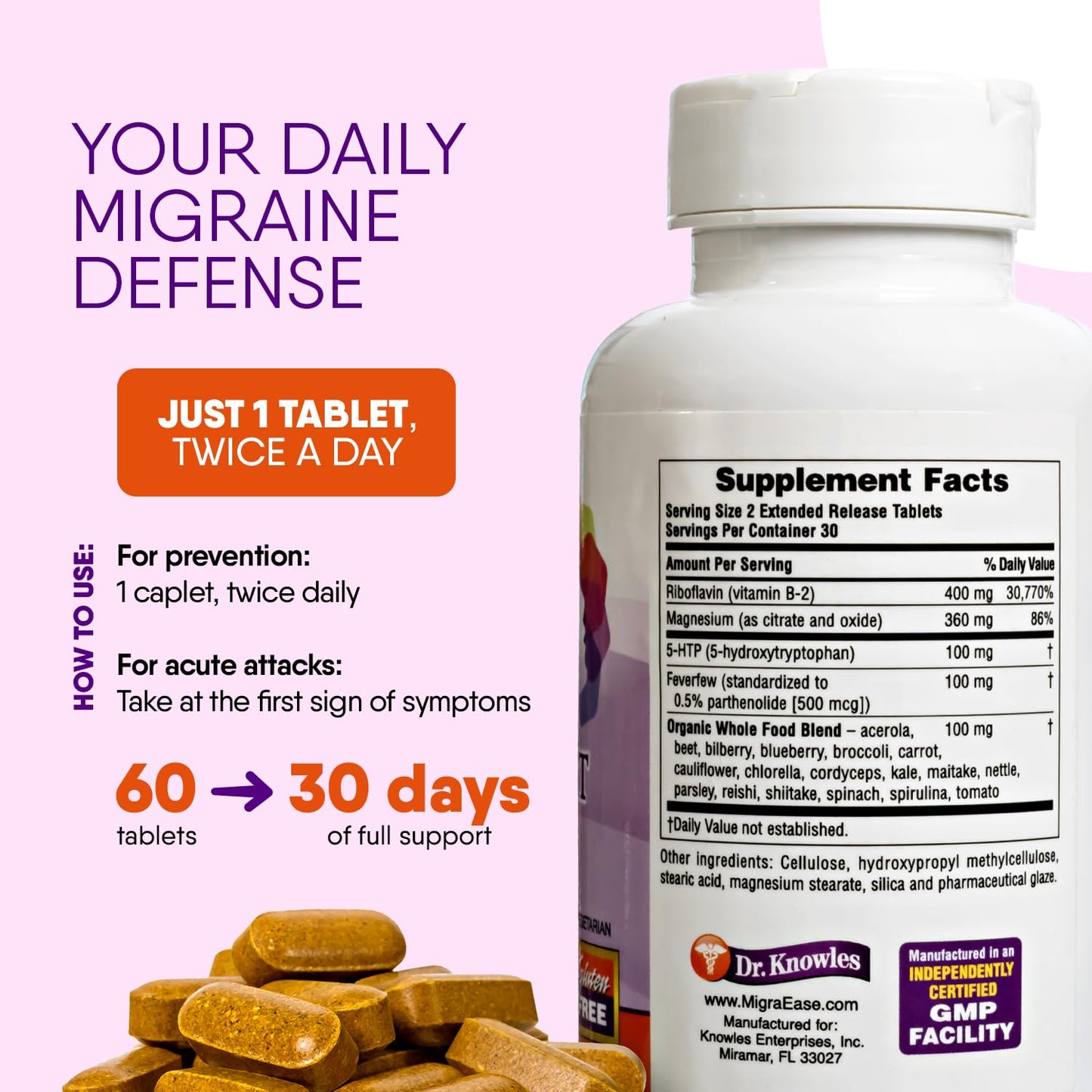Doctor Knowles Migraine Supplement |Complete Natural Migraine Prevention & Relief Pills with Magnesium, 5-HTP, Feverfew, Riboflavin & Organic Blend |Caffeine Free, Extended-Release Tablets (60 Units) - dailyvitalstore