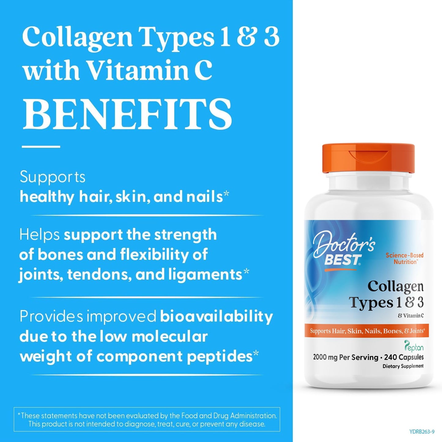 Doctor's Best Collagen Types 1 & 3 with Vitamin C, Non-GMO, Gluten Free, Soy Free, Supports Hair, Skin, Nails, Tendons & Bones, 500 mg, 240 Caps (DRB-00263) - dailyvitalstore