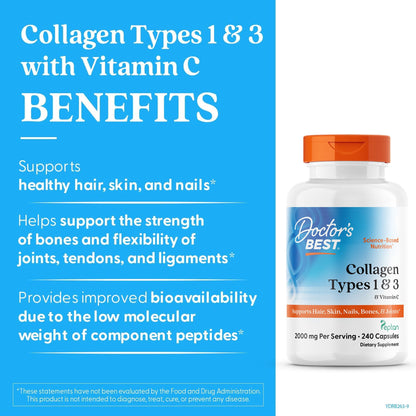 Doctor's Best Collagen Types 1 & 3 with Vitamin C, Non-GMO, Gluten Free, Soy Free, Supports Hair, Skin, Nails, Tendons & Bones, 500 mg, 240 Caps (DRB-00263) - dailyvitalstore