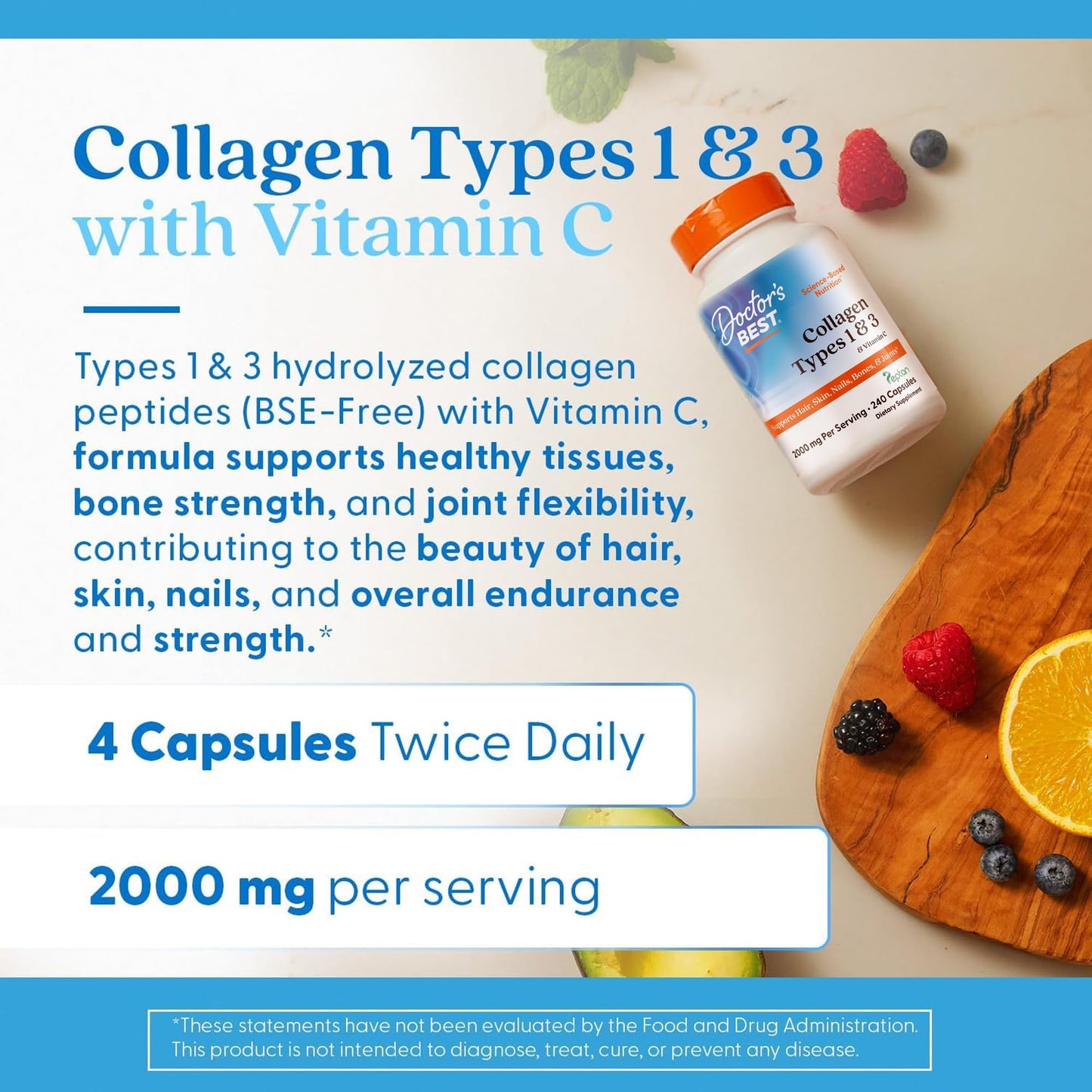 Doctor's Best Collagen Types 1 & 3 with Vitamin C, Non-GMO, Gluten Free, Soy Free, Supports Hair, Skin, Nails, Tendons & Bones, 500 mg, 240 Caps (DRB-00263) - dailyvitalstore